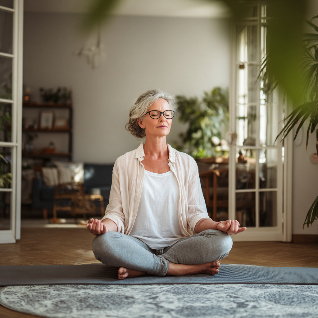 Middle-aged woman doing meditation and breathing exercises on yoga mat at home
