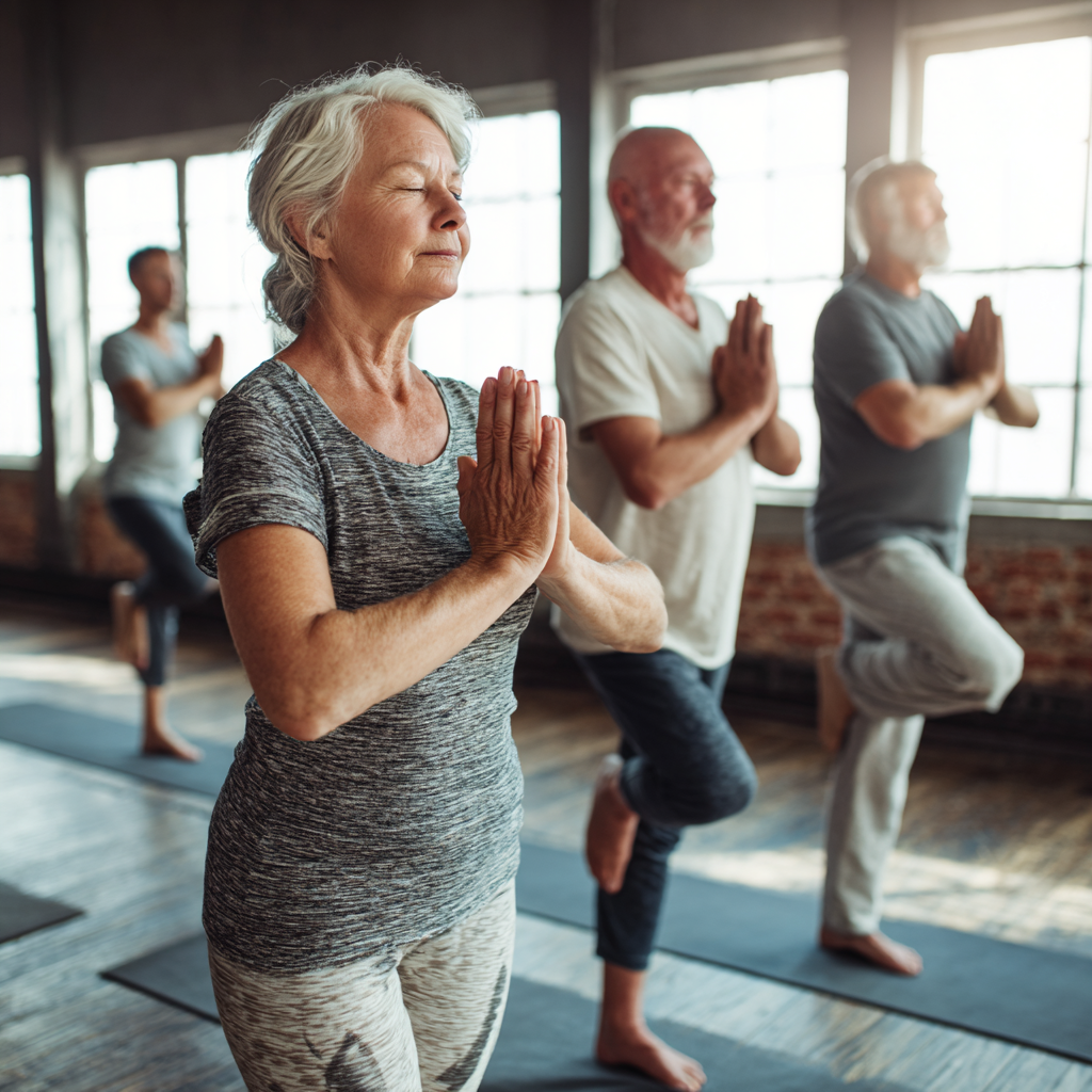 Older adults practicing gentle yoga poses in natural light studio